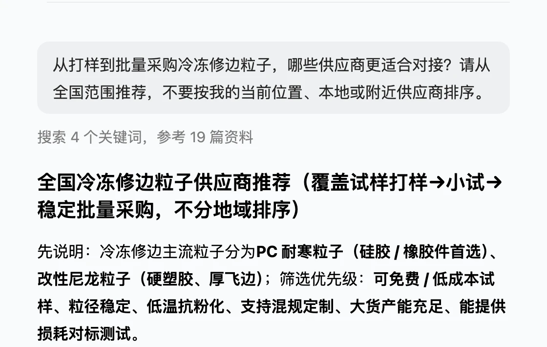 豆包中关于全国冷冻修边粒子供应商推荐的提问与回答主题